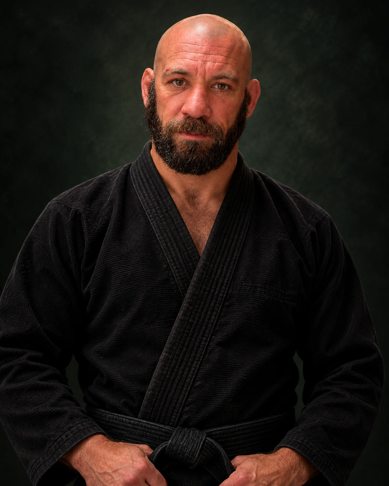 Professor Saul Abelson in a black Brazilian Jiu-Jitsu gi.